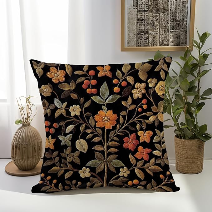 William Morris Abstract Vintage Print Floral Velvet Design Throw Pillow Covers Home Decor, Retro Art Decor Pillowcase Cushion Cover for Bed Sofa Living Room, Square 18x18inch (Black-Floral)
