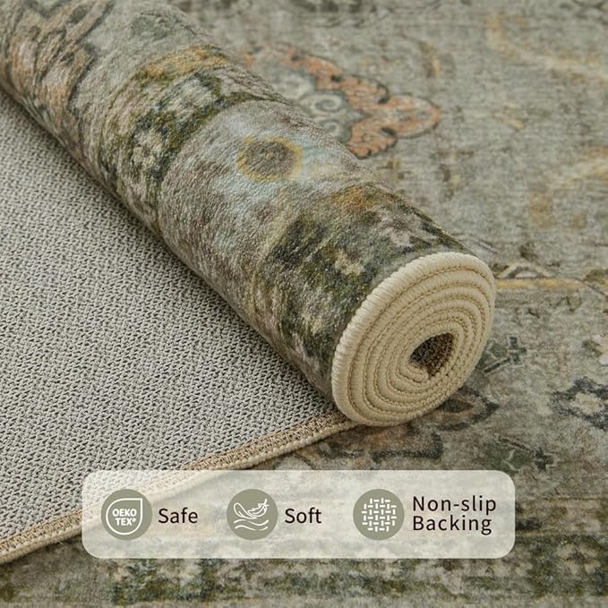 8x10 Area Rugs for Living Room Bedroom, Large Washable Rug, Vintage Floral Boho Rug, Non Slip & Low Pile Faux Wool Thin Carpet for Indoor Dining Room and Kids Room(Olive Brown 8x10ft)