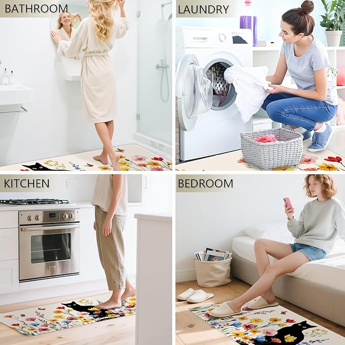 Cat Rugs for Kitchen Floor, Anti Fatigue Mats for Kitchen Floor Non Slip, 2PCS Rubber Kitchen Mat, Washable Cushioned Carpet Rug for Sink Laundry Gifts for Christmas 15.7"×27.5" +15.7"×47" 3.5mm