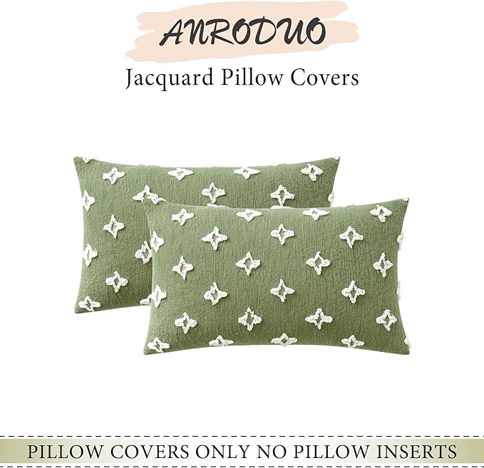 ANRODUO Pack of 2 Sage Green Floral Boho Decorative Throw Pillow Covers with Tufted Rhombic Jacquard for Room Decor Pillow Covers 12x20 Cute and Soft Pillowcase for Couch Sofa and Living Room Fall