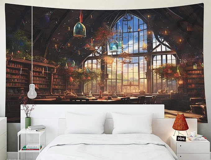EMMTEEY Fantasy Library Wall Tapestry for Bedroom 60X50 Inch - Bookshelf Wall Decor Vintage Dark Academia Backdrop for Living Room Dorm