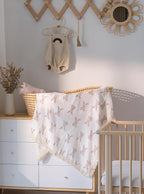 Little Jump Cotton Muslin Swaddle Blankets with Tassel, Boho Bohimia Muslin Baby Blanket Neutral with Fringe, Vintage Teddy Bear Nursery Decor Muslin Throw Blanket 47" x40" (Bunny)