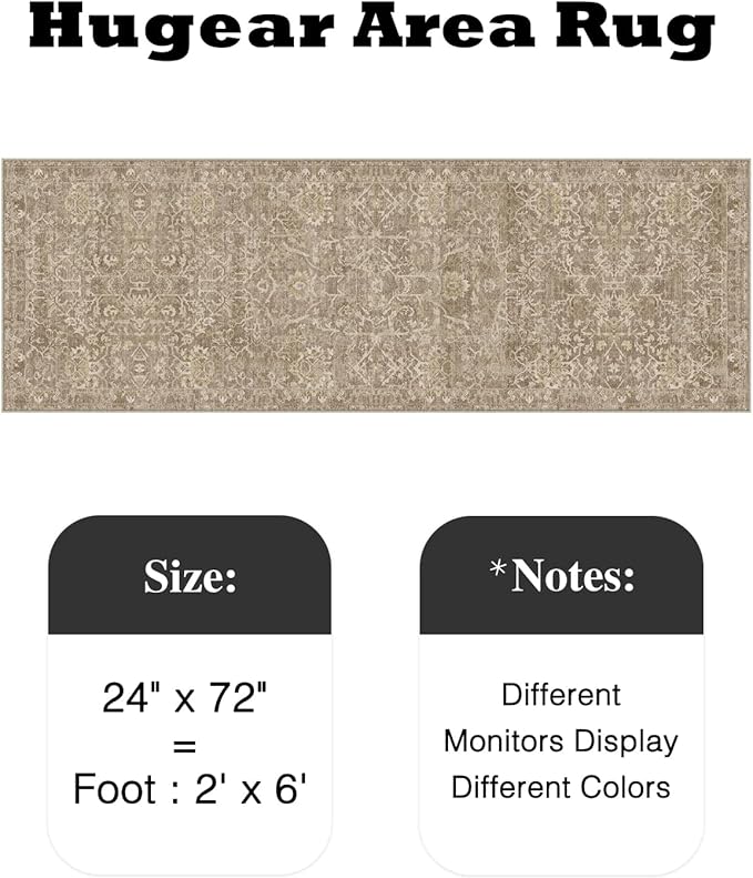HUGEAR 2x6 Runner Rug Hallway Light Brown Machine Washable Vintage Floral Low Pile Carpet Vacuumable Distressed Long Throw Rug Bedroom Office Bathroom Kitchen Laundry Non Slip Soft Lightweight