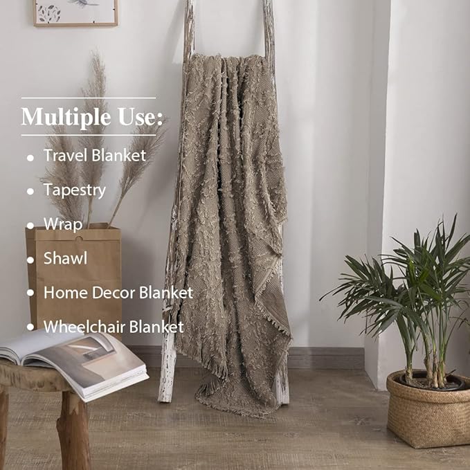 Simple&Opulence 100% Cotton Throw Blanket for Bed, Couch, Boho Textured Geometric Knit Woven Blanket with Tassels Soft, Lightweight Breathable Shabby Chic Farmhouse Decoration for All-Season(Brown)