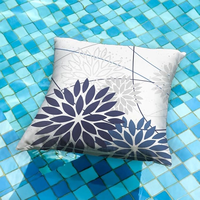 Blue Flower Pillow Covers 18x18 Inch Set of 2 Dark and Light Blue Colored Pillow Farmhouse Outdoor Waterproof Decor for Patio Funiture Garden Summer Floral Polyester Square Cushion Cover 01D18