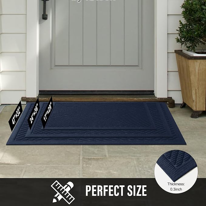 Sturdy Front Door Mat, Absorbent Muddy Dirt Resist Welcome Door Mats Outdoor Indoor, Stain and Fade Resistant, Non-Slip Backing Entry Mat Low Profile Doormat for Entryway, 47×32, Blue