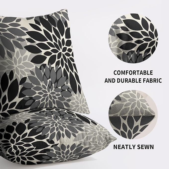 Black Grey Gray Pillow Covers 20X20 Inch Set of 2, Dahlia Flower Spring Summer Floral Cream Decorative Throw Pillow Covers Outdoor Modern Farmhouse Cushion Case for Home Couch Sofa Bed Decor