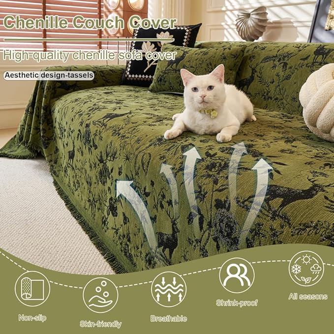 ROOMLIFE Green Sofa Cover, Vintage Boho Couch Cover for 3 Cushion Sofa, Non Slip Soft Chenille Sofa Slipcovers for Dog, Washable Furniture Sofa Protector Cover with Tassel for Living Room, 71''X150”