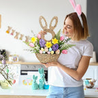 LemonRoad 16.1 Inch Easter Bunny Basket Easter Bunny Woven Wicker Basket Hanging Wall Rabbit Pocket for Spring Front Door Flowers Eggs Gifts Decor