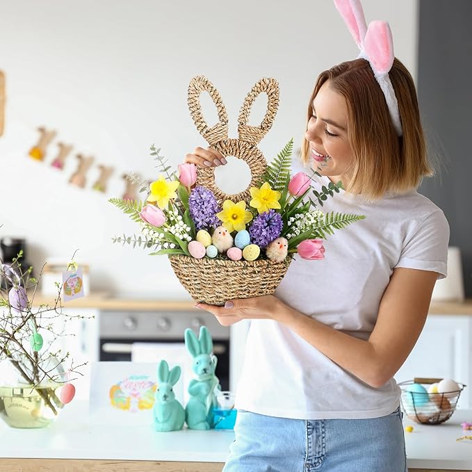 LemonRoad 16.1 Inch Easter Bunny Basket Easter Bunny Woven Wicker Basket Hanging Wall Rabbit Pocket for Spring Front Door Flowers Eggs Gifts Decor
