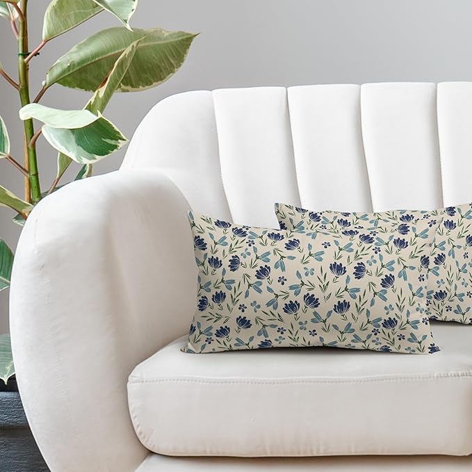 Green Teal Navy Blue Floral Pillow Covers 12x20 Set of 2 Vintage Rustic Old Style Cute Small Flower Print Rectangle Decorative Outdoor Pillowcases Throw Cushion Case Decor for Couch Sofa Bed