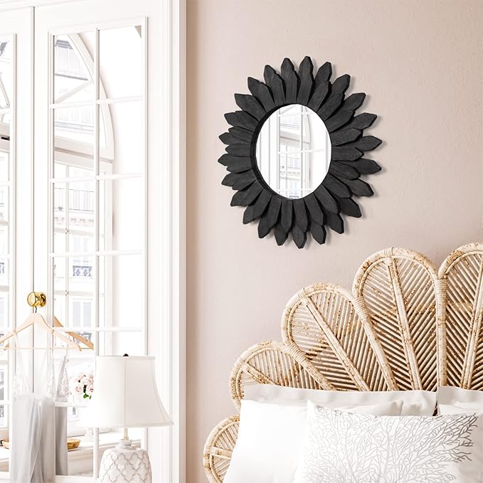 Emfogo Wall Mirror 12 inch Rustic Wood Sunburst Boho Mirror Farmhouse Wall Decor Room Decor Home Decor for Bedroom Living Room Entryway (Vintage Black)