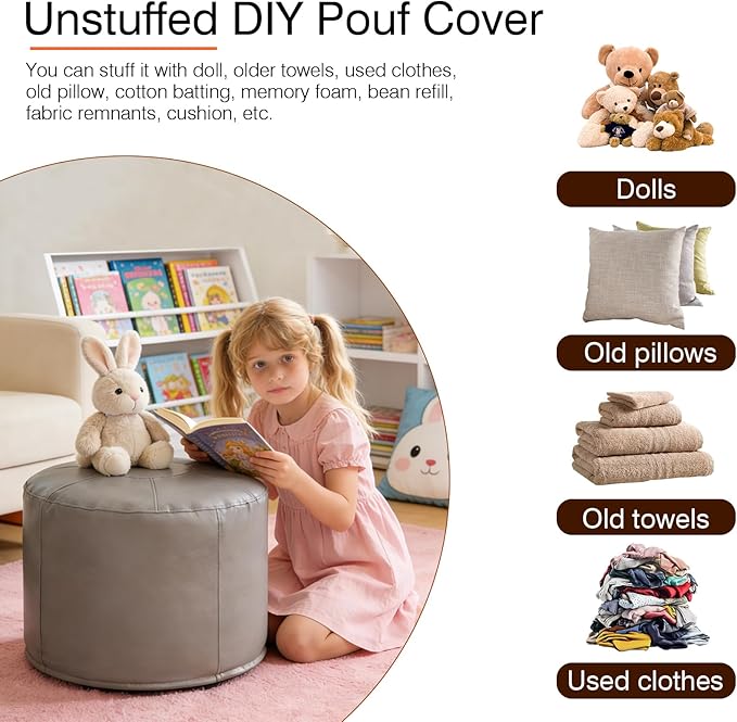 Unstuffed Ottoman Pouf Cover 20 X 15 Inch, Round Pu Leather Foot Stool, Floor Bean Bag(No Filler), Foot Rest with Storage for Living Room/Bedroom/Office, Gray