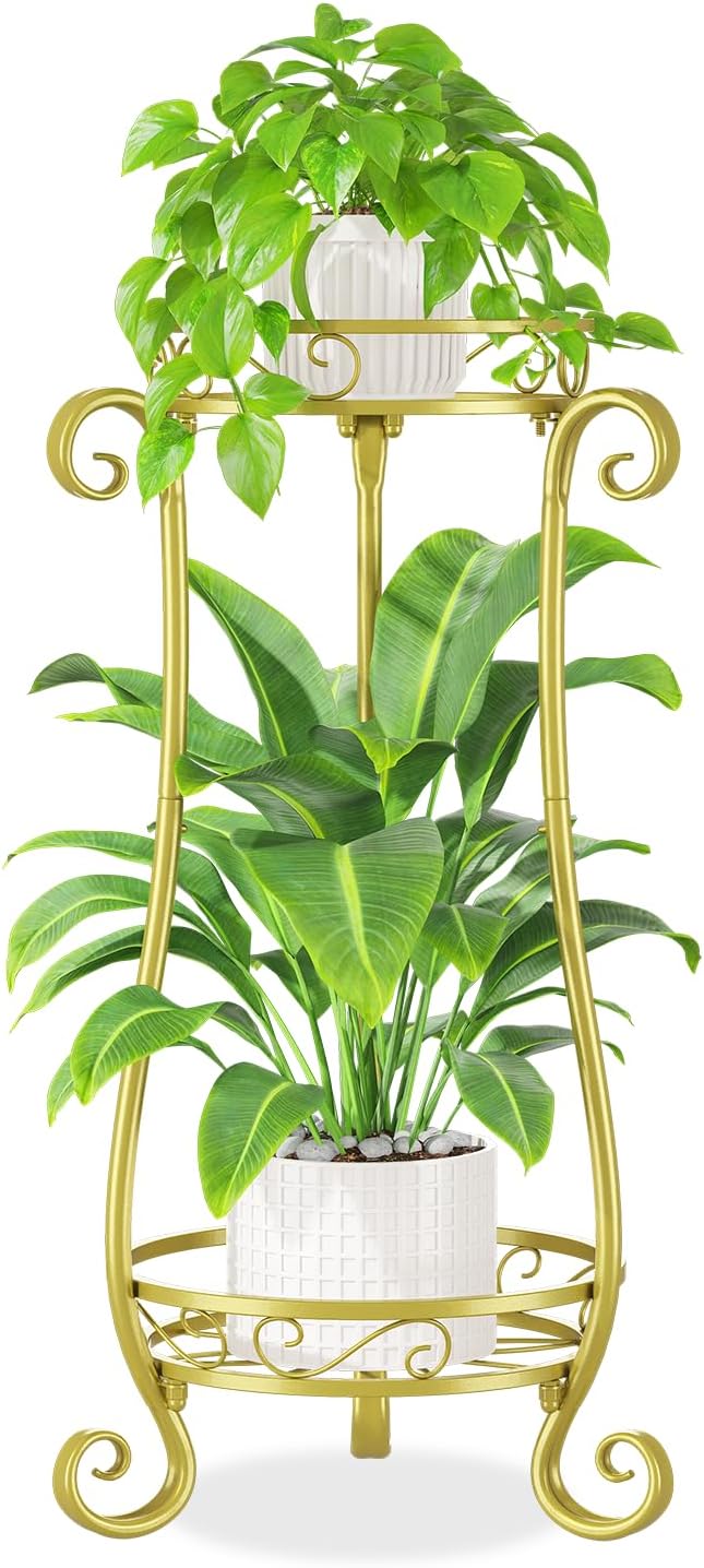 iDavosic.ly 2 Tier Metal Plant Stand Indoor Outdoor, Iron Corner Tall Flower Pot Holder Shelf, 27 Inch Vertical Heavy Duty Display Rack for Patio Porch Living Room Garden, Gold