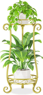 iDavosic.ly 2 Tier Metal Plant Stand Indoor Outdoor, Iron Corner Tall Flower Pot Holder Shelf, 27 Inch Vertical Heavy Duty Display Rack for Patio Porch Living Room Garden, Gold