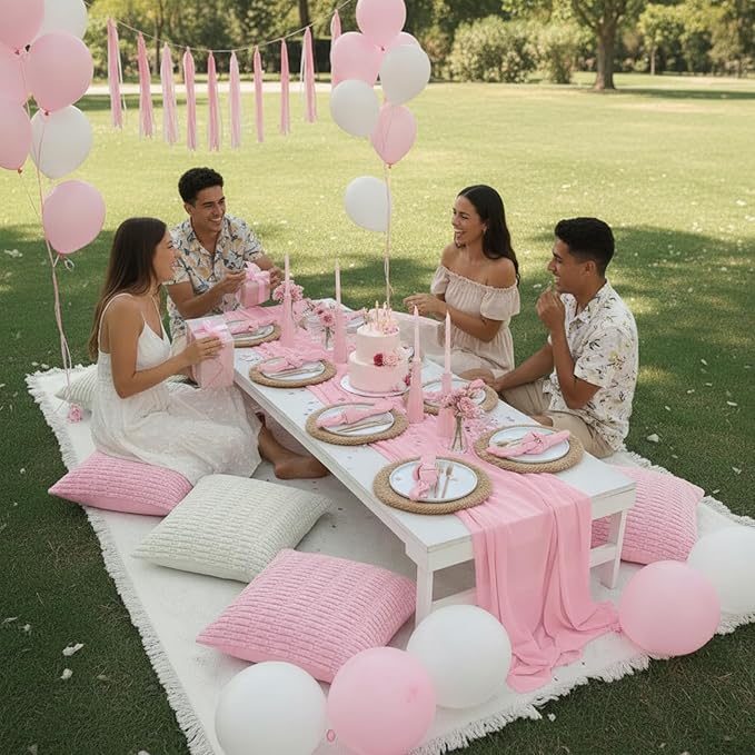 91 x 71 Extra Large Outdoor Boho Picnic Blanket with Pink Table Runner, 6 Throw Pillow Covers 6 Napkins Woven Cotton Yarn Oversize Beach Blanket Washable Picnic Camp Wedding