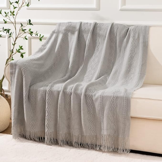 BATTILO HOME Light Grey Throw Blanket for Couch, Geometric Grey Bed Throws Decorative Boho Blanket for Sofa Living Room, 50"x60"