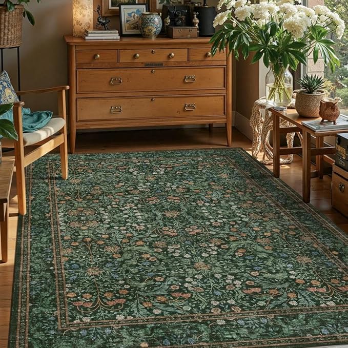 5x7 Area Rugs for Living Room Bedroom, Large Washable Rug, Green Vintage Floral Boho Rug, Non Slip & Low Pile Faux Wool Thin Carpet for Indoor Dining Room and Kids Room(Green 5x7ft)