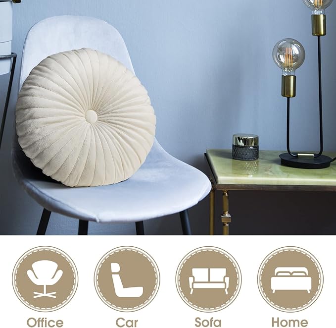 Namalu 2 Pcs Round Throw Pillow 13.8 Inch Decorative Round Velvet Floor Pillows Pumpkin Throw Pillows with Center Button for Thanksgiving Home Decor Living Room Sofa Couch Bed Chair (Cream)