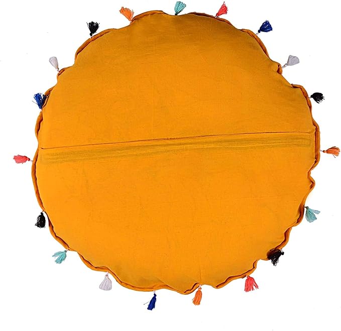 Indian Handmade Patchwork Codework Yellow Round Pouf Cover Ottoman Floor Pillow Cushion Seating Throw Decorative Pom Pom Pillow Cases Boho Hippie Bohemian 32 Inches