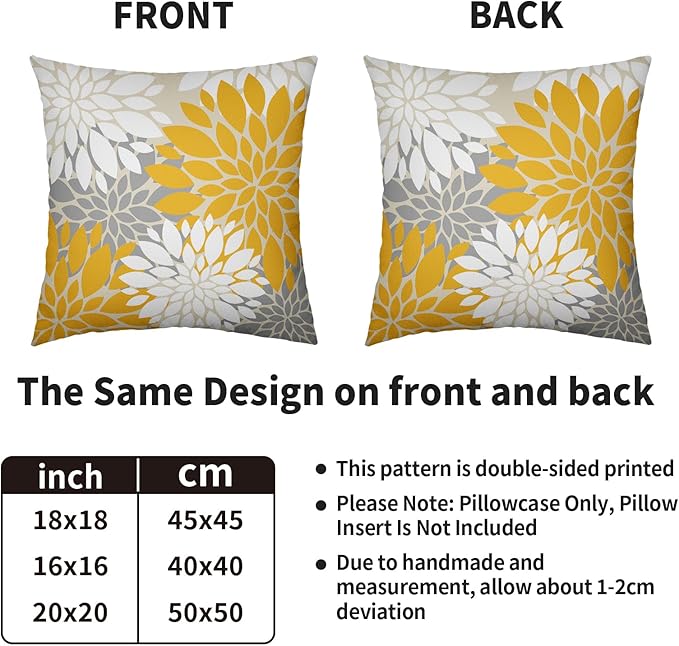 Yellow White Grey Gray Pillow Covers 20X20 Inch Set of 2, Modern Geometry Dahlia Floral Print Decorative Throw Pillow Covers Outdoor Farmhouse Cushion Case for Home Couch Sofa Bed Decoration