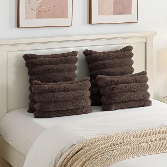 FUTEI Dark Coffee Decorative Throw Pillow Covers 18x18 Inch Set of 2, Square Soft Faux Rabbit Fur Big Striped Cushion Cover,Home Decor for Couch Sofa Bed Living Room
