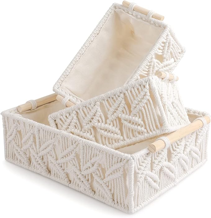 ANMINY 3PCS Macrame Storage Baskets for Organizing Boho Decor Baskets Storage Bins with Wood Handles Handmade Decorative Storage Boxes Desk Toilet Tank Bathroom Self Basket Organizer - Leaves