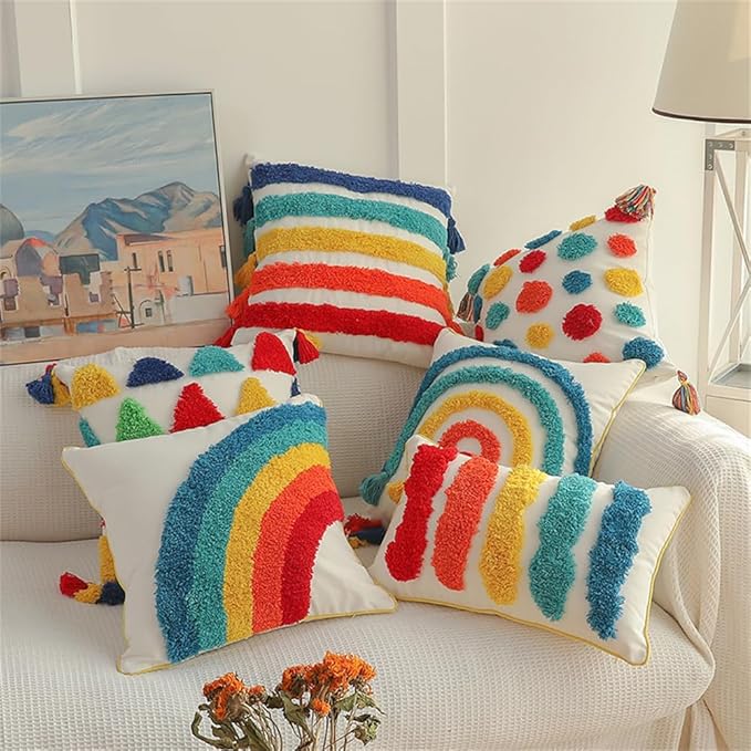 Rainbow Boho Throw Pillow Covers 18x18 Inch - Hand Tufted Cotton with Playful Tassels | Multicolor Pattern | Vibrant Nursery Kids Room Decor Sunset Rainbow Pack of 1,18" x 18" C