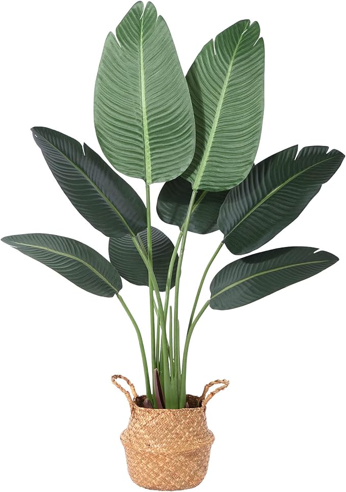 Artificial Plants 4FT Artificial Bird of Paradise Plant in Pot, Tall Fake Tree with Woven Basket, Realistic Faux Palm Tree 8 Trunks Silk Plants for Modern Home Décor Indoor Outdoor Office