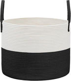 115L Extra Large Blanket Basket for Living Room - Woven Cotton Rope Laundry Hamper with Reinforced Handles - Storage Bin for Pillows, Comforters & Toys - Machine Washable,White&Black