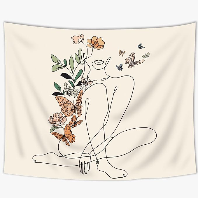 SVBright Abstract Woman Butterfly Fabric Wall Hanging Tapestry 59Wx51H Inch Mid Century Modern Minimalist Flower Plant Beige Terracotta Aesthetic Portrait Home Decor Art for Living Room Bedroom Dorm