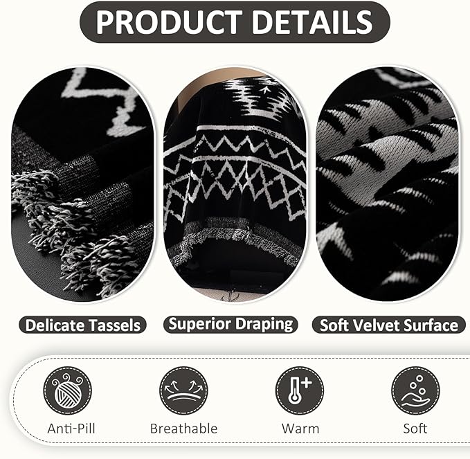 VClife Boho Couch Cover Chenille Sofa Cover for Sectional Sofa, Non Slip Couch Covers for 3 Seater Sofa Pet Friendly Sofa Protector with Tassel, Tribal Pattern Couch Slipcover, Black, 71"X150"