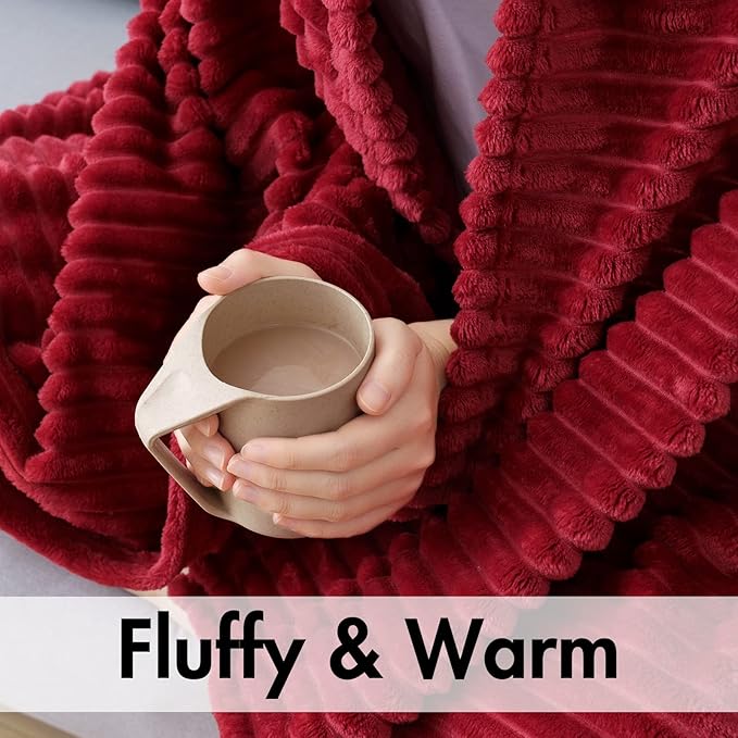 MIULEE Fleece Throw Blanket for Couch 300GSM Super Soft Lightweight Plush Striped, Burgundy Red Warm Cozy Breathable Ribbed Blanket for Bed/Sofa, Throw Size 50"x60"