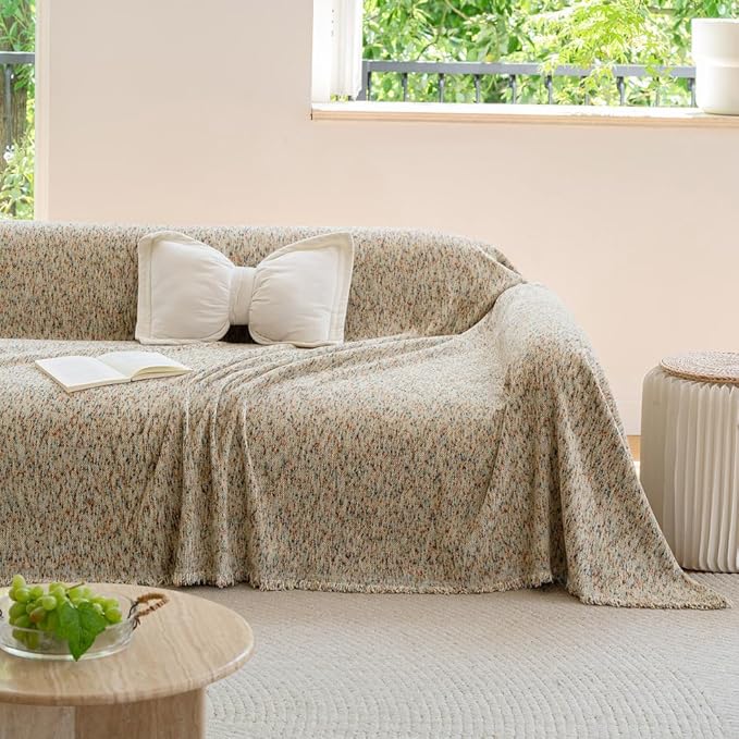 ROOMLIFE Boho Beige Couch Cover for Dogs, Washable Non Slip Furniture Protector Couch Sofa Covers for 3 Cushion Couch, Soft Chenille Couch Cover Throw Blanket with Tassels 71''X150''