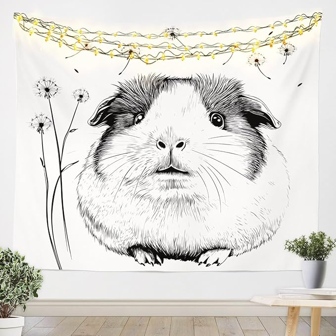 Erosebridal Cartoon Guinea Pig Tapestry, Dandelion Wall Blanket, Cute Animal Plant Wall Hanging, Gray White Bedroom Decor Xlarge 70x92