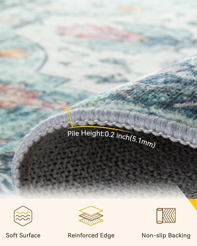 Area Rugs 5'x7' Washable Non-Slip, Floral Vintage Distress Print Pattern Medallion Carpet for Living Room Bedroom Dining Room, Green Navy Blue White Red Teal Colorful