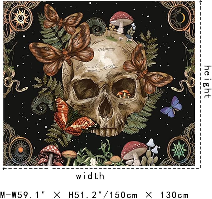 Avinyl Halloween Gothic Tapestry for Bedroom,Vintage Goth Skull Whichy Butterfly Floral Wall Tapestries, Skeleton Moth Mushrooms Poster Backdrop for Living Gaming Room Dorm Decor 51in X 60in