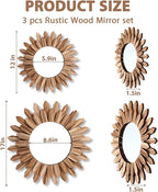 3 Pcs Boho Wall Decor Round Sunburst Mirror Boho Circle Mirror with Rustic Wood Frame Decorative Hanging Wall Art for Farmhouse Home Decor,17 Inch and 12 Inch(Wood Color)