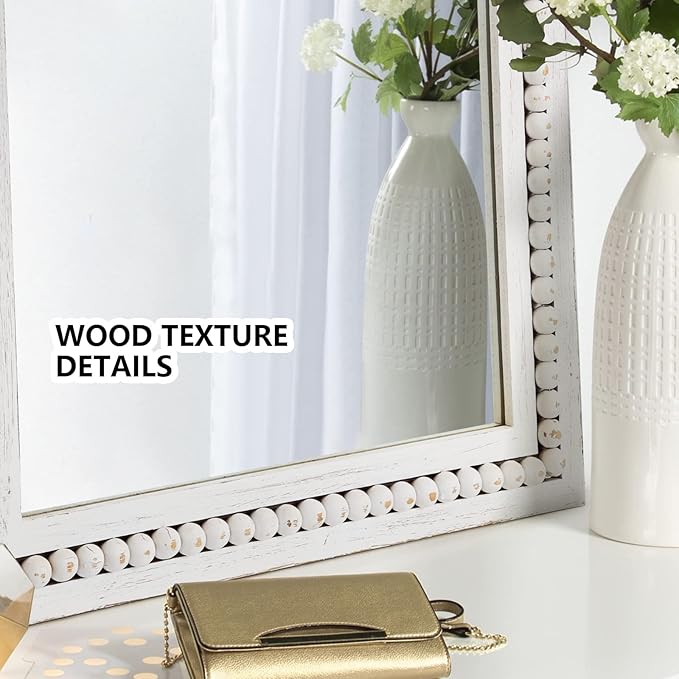 H HOMEWINS Rustic Wooden Mirror,22x30 Inch Farmhouse Boho Bathroom Rectangle Nursery White Beads Decor Wall-Mounted Mirror for Bedroom, Living Room,Vanity,Entryway,Over Sink