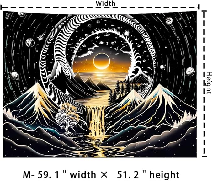 Amhokhui Black and White Tapestry Sun Mountain Tapestry Starry Night Aesthetic Tapestries Trippy River Landscape Tapestries Dark Wall Hanging Decor for Home