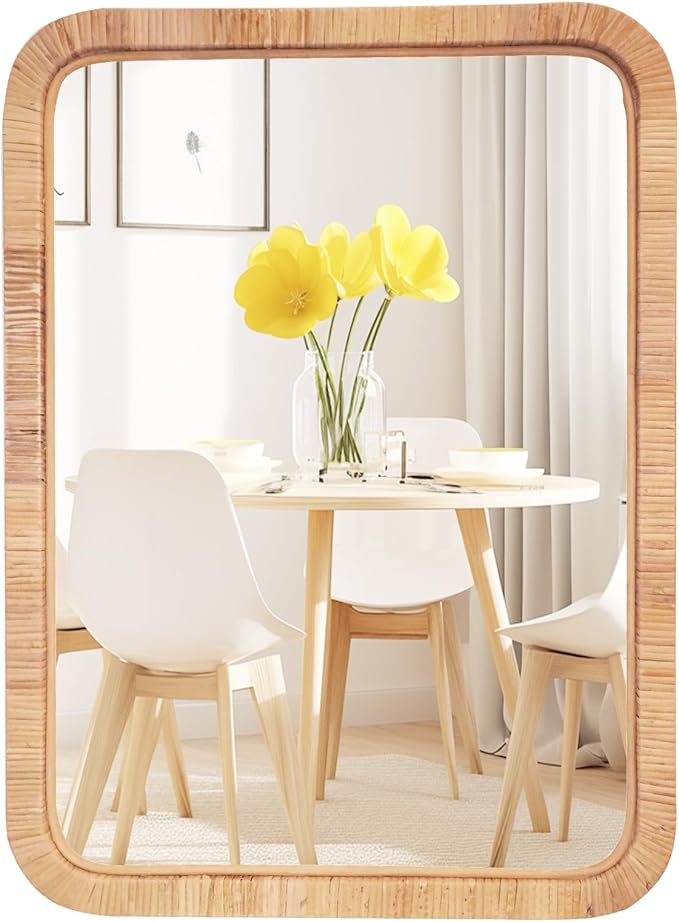 Rattan Mirror,Rectangle Boho Bathroom Mirror for Wall,22x30 Wicker Vanity Mirror for Nursery Décor,Coastal Farmhouse Wood Mirror for Bedroom Entryway Living Room