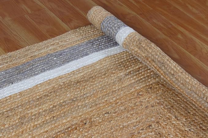 Heavy Material Hand Braided Jute 5x7 Natural Jute Beige Multi Geometric Design Hand Woven Rug Flatweave Area Carpet Indoor Outdoor Rugs for Kitchen Living Room, Bedroom