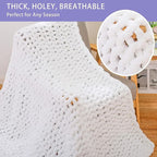 Bigacogo Chunky Knit Throw Blanket for Couch, 40x60 inches, 100% Hand Knitted with Thick Jumbo Chenille Yarn, Cozy Soft Large Rope Knot Cable Crochet Blankets for Sofa Bed Living Room, White