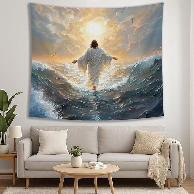 bitCNY Jesus Walking on Water Tapestry 60x50 Inches – Christian Wall Hanging for Living Room Bedroom, Religious Decor, Inspirational Jesus Christ Art for Home