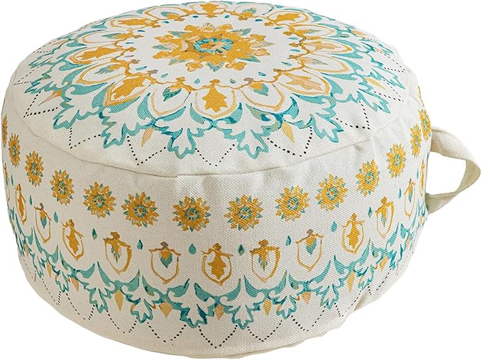 MOCOFO Round Bohemian Ottoman Pouf Cover, 18 Inch, Cotton Blend, Church Window Print, Living Room Storage Footrest, Cover Only (Light Tie-dye Cyan)