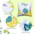 Tatuo 4 Pcs Flower Pillow Covers Square Spring Pillow Cushion Cases 18 x 18 Inch Family Faith Hope Love Words Decorative Summer Winter Cushion Case for Bed Couch Sofa Living Room(Blue Series)