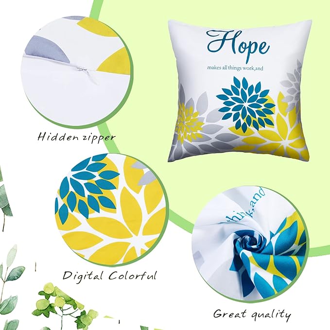 Tatuo 4 Pcs Flower Pillow Covers Square Spring Pillow Cushion Cases 18 x 18 Inch Family Faith Hope Love Words Decorative Summer Winter Cushion Case for Bed Couch Sofa Living Room(Blue Series)