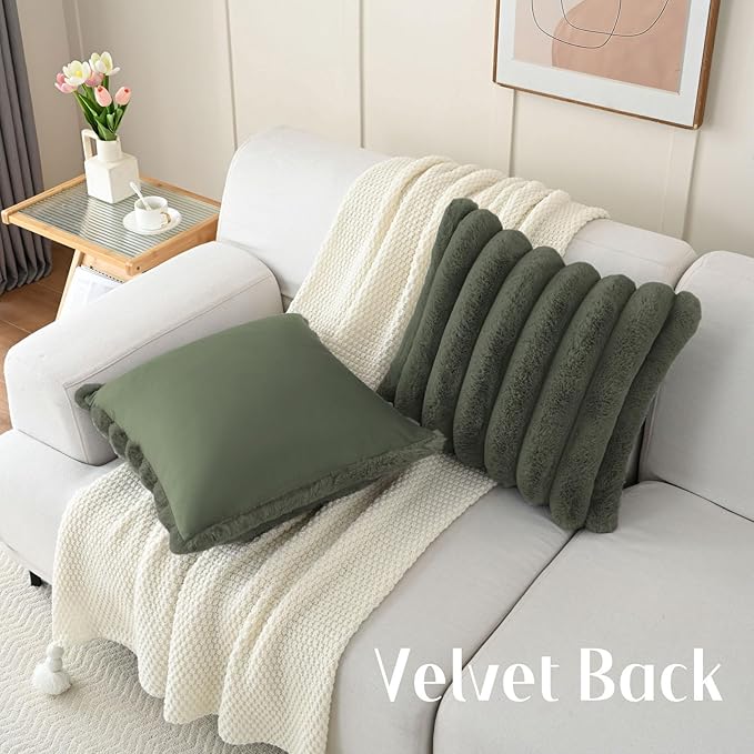 FUTEI Olive Green Decorative Throw Pillow Covers 22x22 Inch Set of 2, Square Soft Faux Rabbit Fur Big Striped Cushion Cover,Home Decor for Couch Sofa Bed Living Room