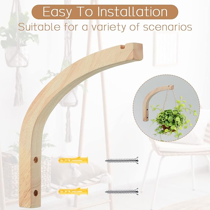 Juexica 4 Pcs Plant Hanger Wooden, 8 Inch Hanging Plant Hooks for Indoors and Outdoor, Wall Mounted Hanging Hook Brackets for Planters Lanterns Wind Chimes and Bird Feeders Patio Decor(Wood Color)