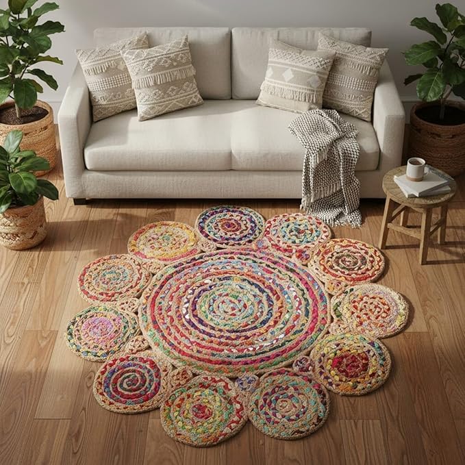 Jute Cotton Braided Boho Area Rug, 2' Round - Natural, Handmade, Hand Woven Farmhouse Reversible Rugs for Living Room, Kitchen, Bedroom, Hallway, Entryway - 2 Feet Round Multicolor